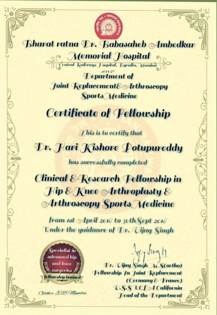 Fellowship in Hip & Knee Arthroplasty and Arthroscopy Certificate