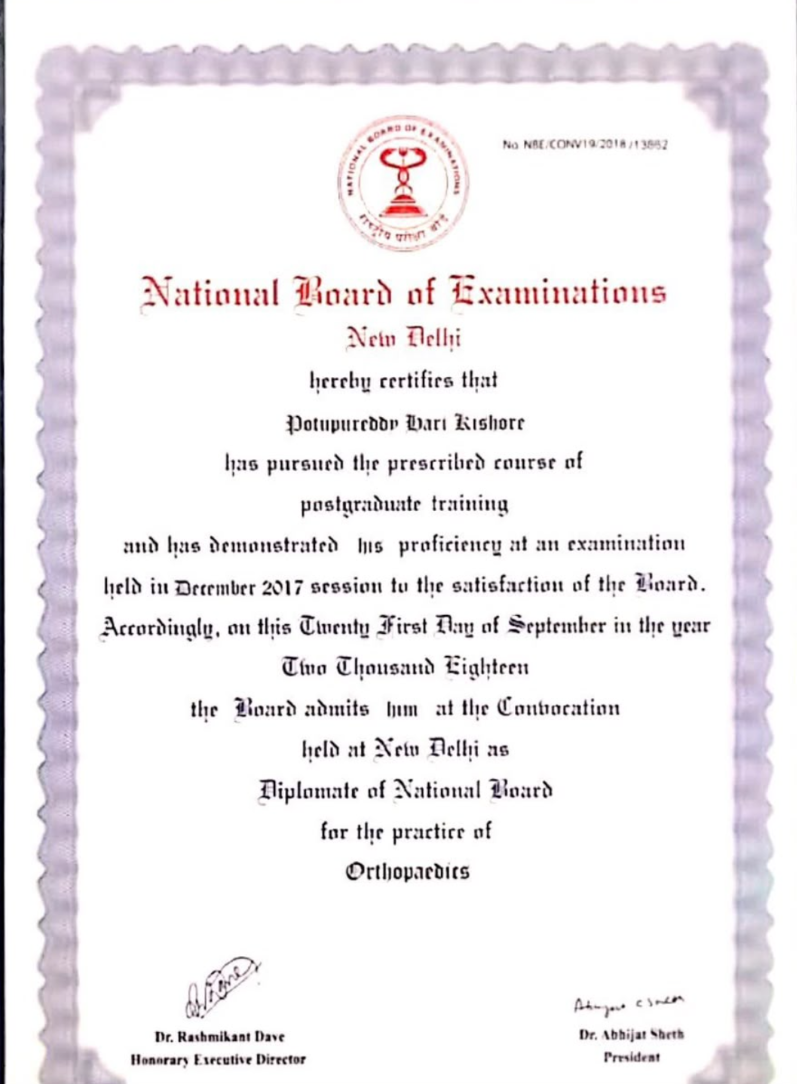 Diplomate of National Board DNB Orthopedics certificate from National Board of Examinations