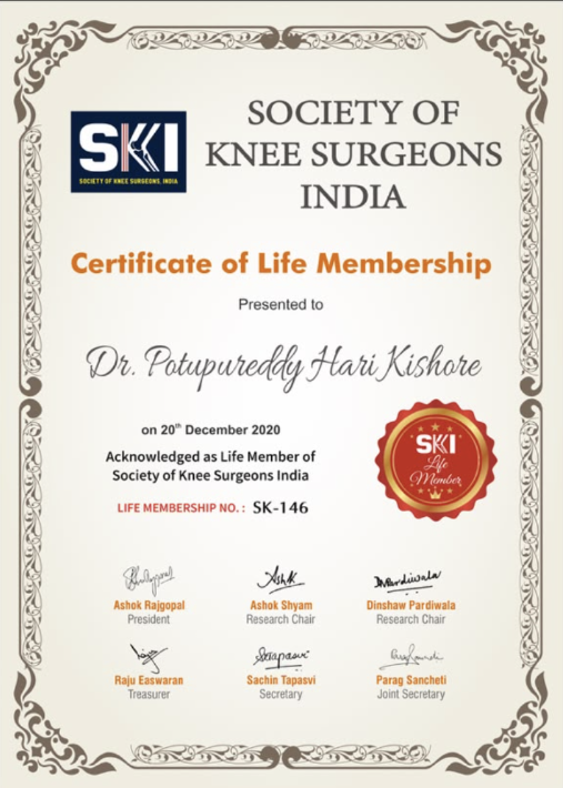 Society of Knee Surgeons in India Life Membership Certificate
