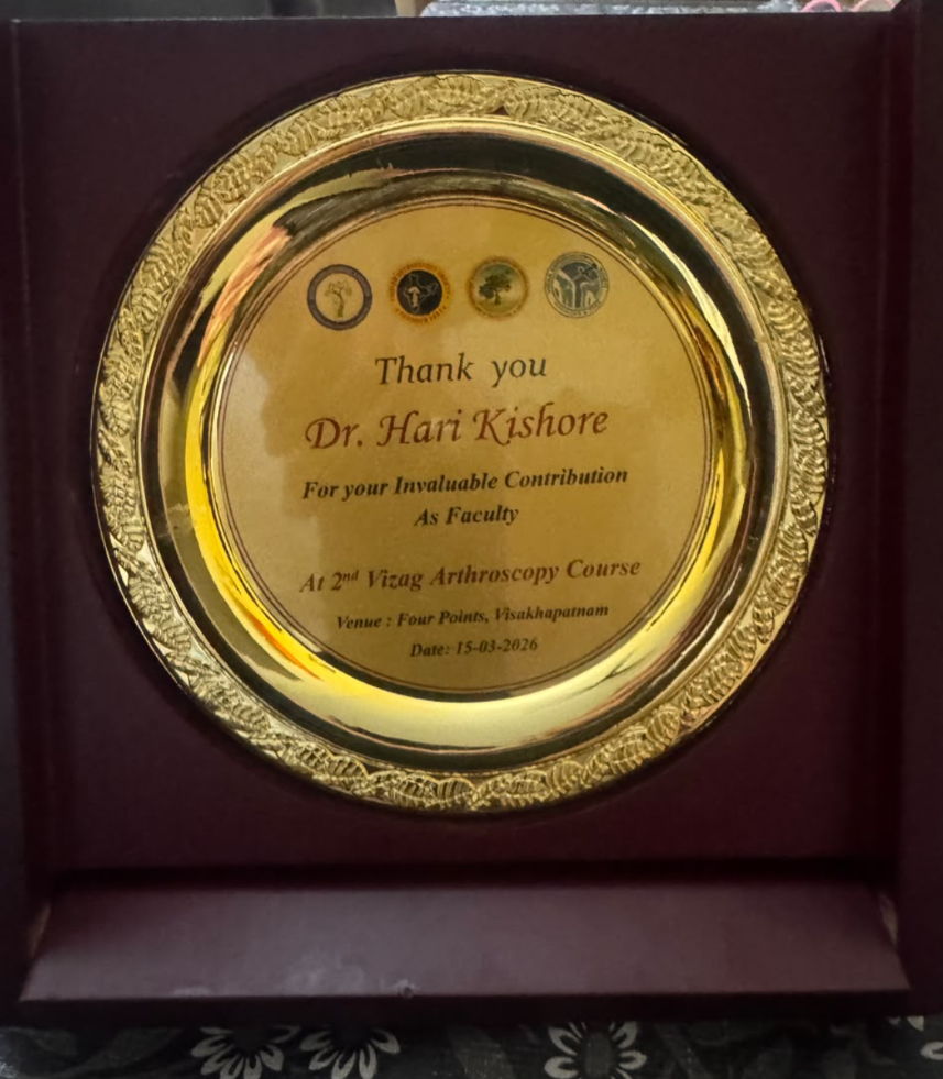 Plaque honoring Dr. Hari Kishore for valuable contributions at 2nd Vizag Arthroscopy Course